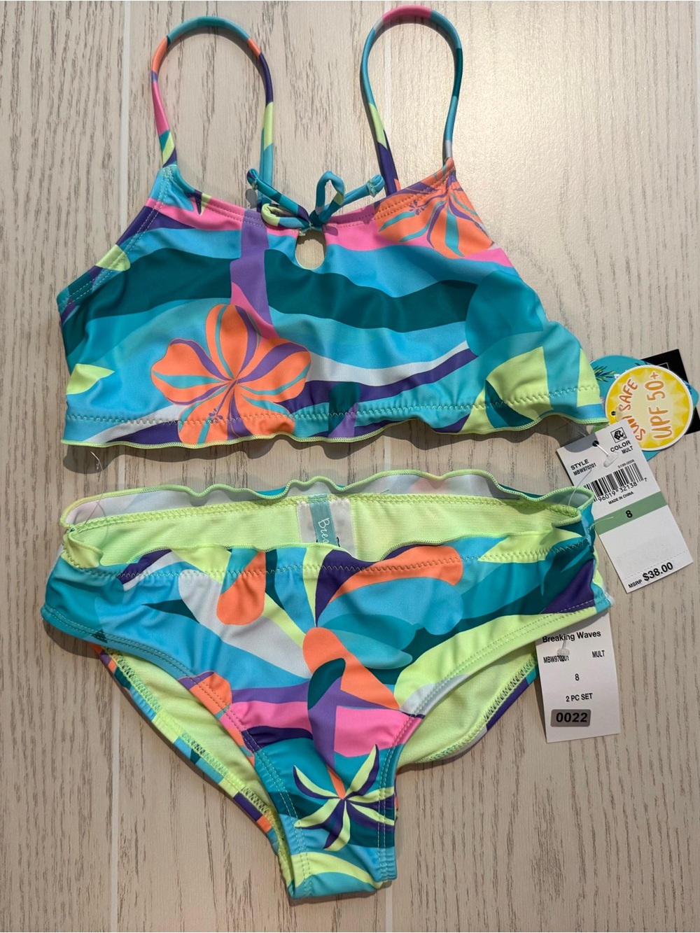 Breaking Waves Girls 8 Tropical Floral 2 Piece Bikini Swimsuit NWT UPF 50+